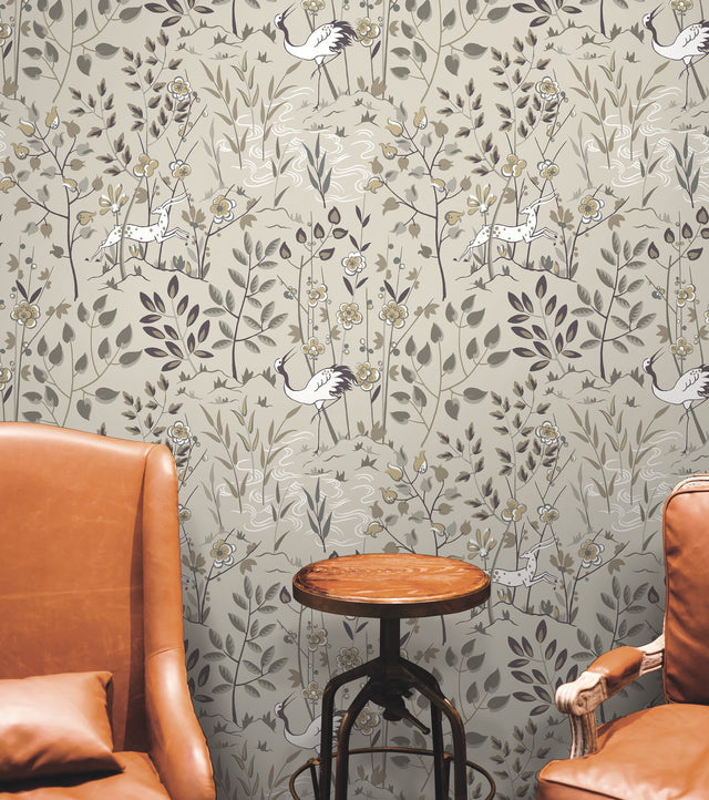 Aspen Off White Wallpaper with Woodland Stag and Crane Motif - York HO2127