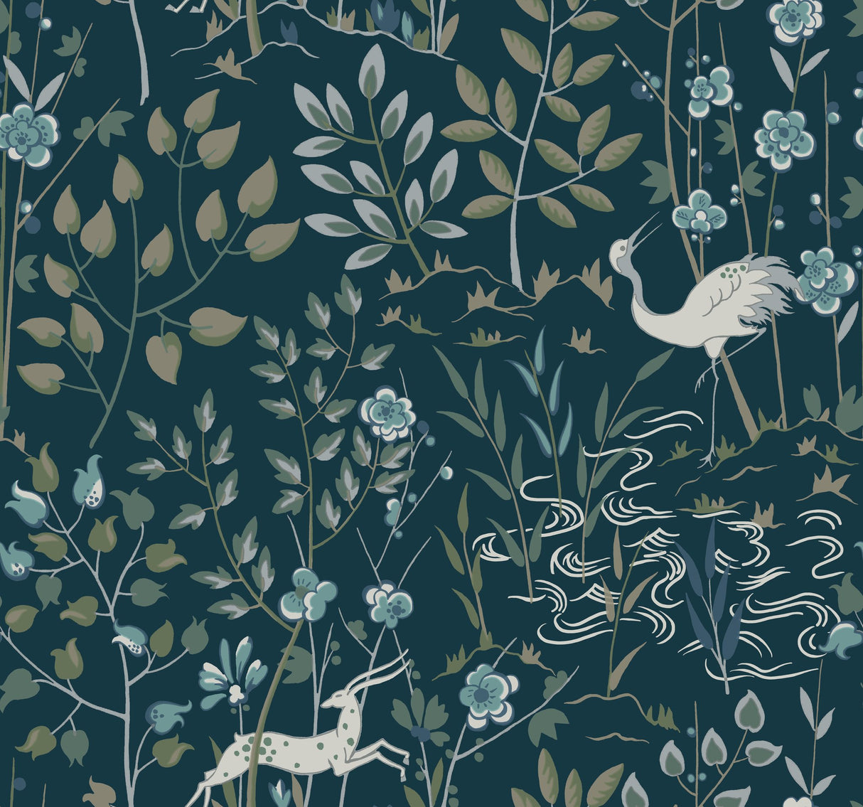 Aspen Dark Blue Wallpaper with Woodland Stag and Crane Motif - York HO2128