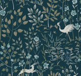 Aspen Dark Blue Wallpaper with Woodland Stag and Crane Motif - York HO2128