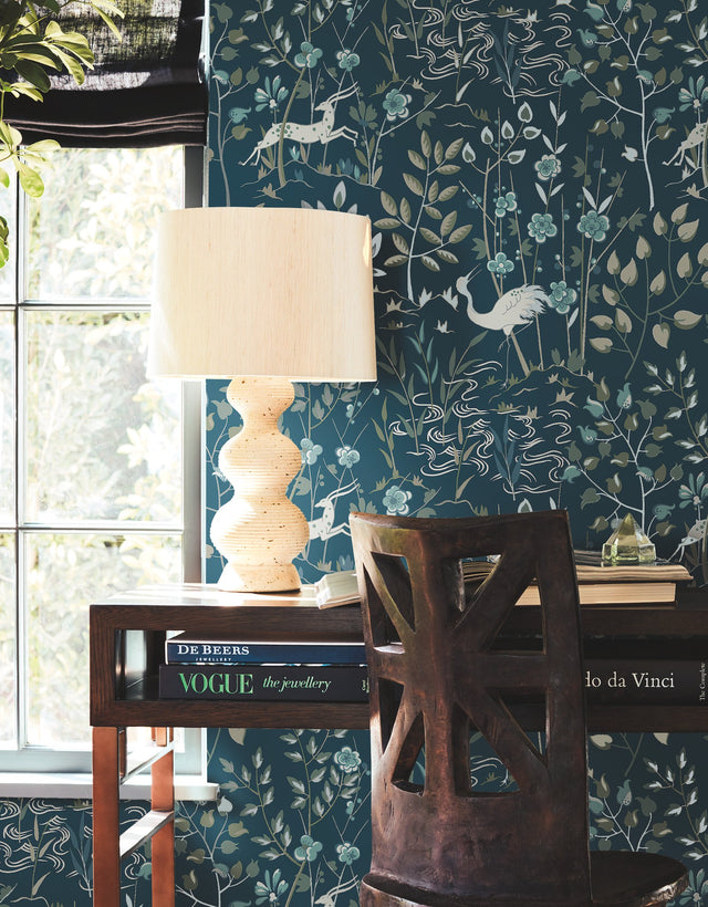 Aspen Dark Blue Wallpaper with Woodland Stag and Crane Motif - York HO2128