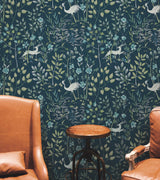 Aspen Dark Blue Wallpaper with Woodland Stag and Crane Motif - York HO2128
