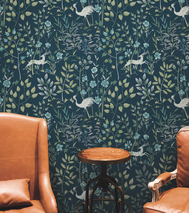 Aspen Dark Blue Wallpaper with Woodland Stag and Crane Motif - York HO2128