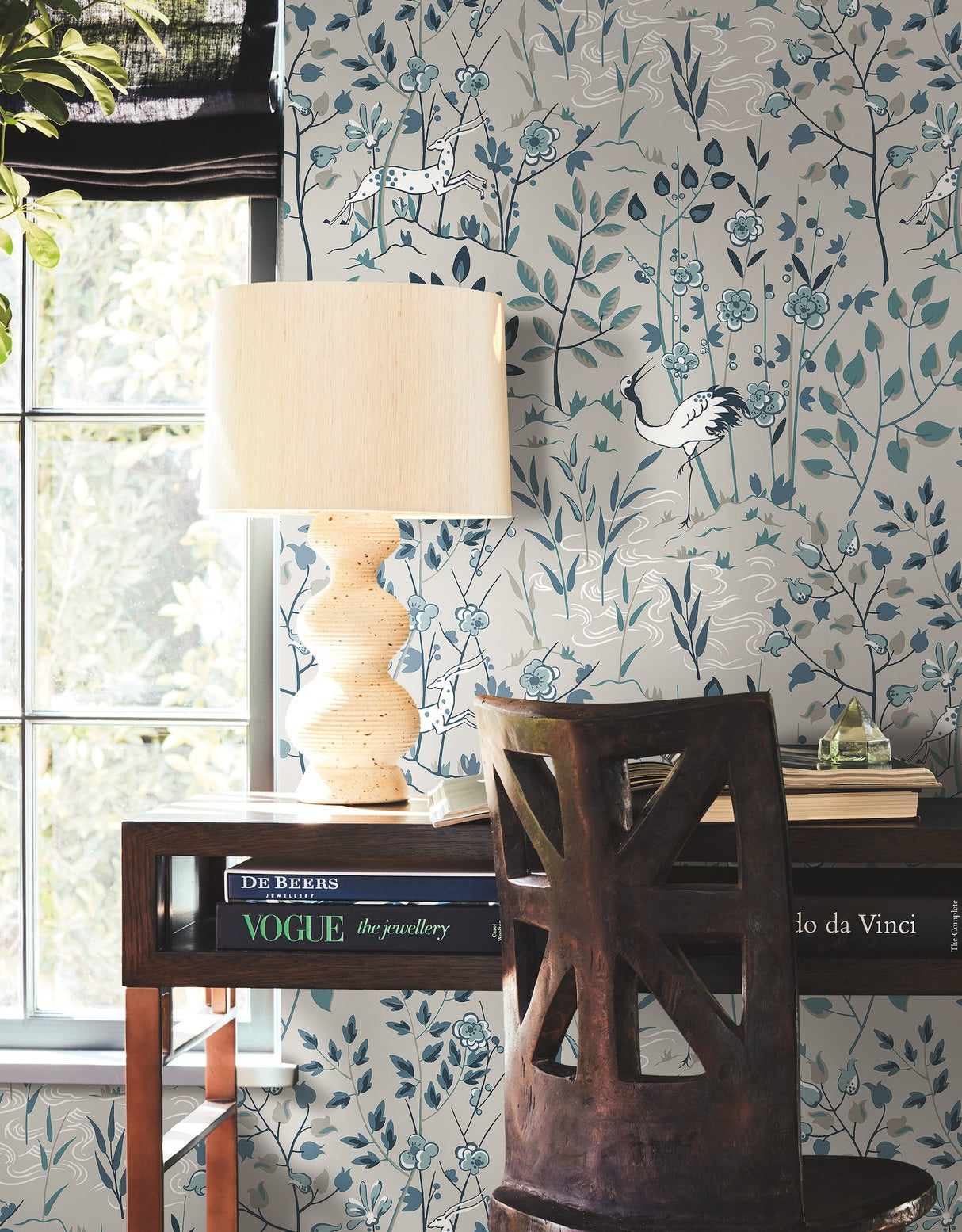 Aspen Grey Wallpaper with Woodland Stag and Crane Motif - York HO2129