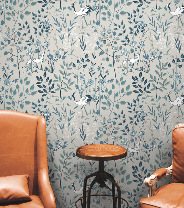 Aspen Grey Wallpaper with Woodland Stag and Crane Motif - York HO2129