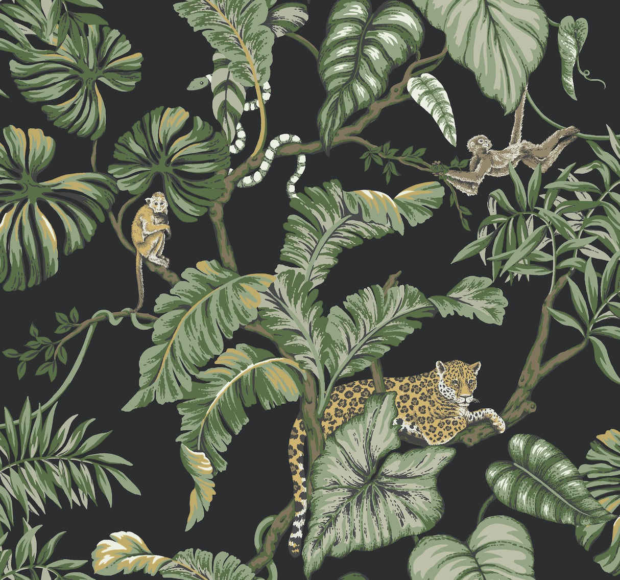Jungle Cat Black Wallpaper with Tropical Jaguars, Monkeys & Palm Leaves - York HO2143