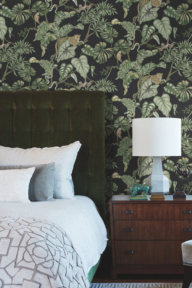 Jungle Cat Black Wallpaper with Tropical Jaguars, Monkeys & Palm Leaves - York HO2143
