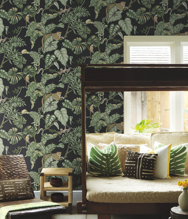 Jungle Cat Black Wallpaper with Tropical Jaguars, Monkeys & Palm Leaves - York HO2143
