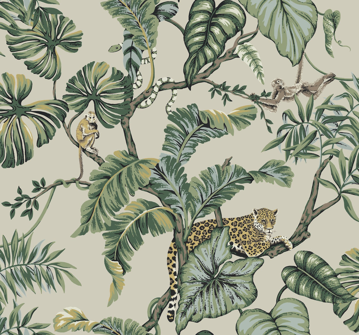 Jungle Cat Beige Wallpaper with Tropical Jungle Animals Pattern - York HO2144