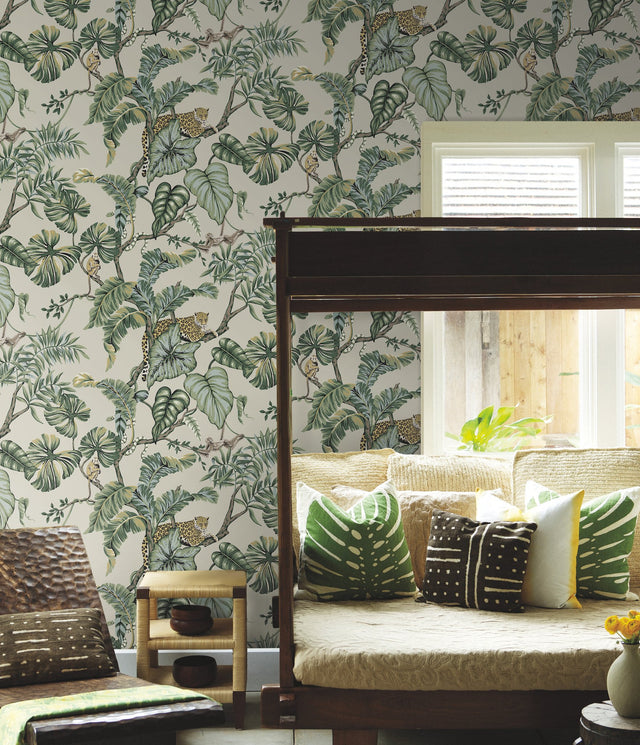 Jungle Cat Beige Wallpaper with Tropical Jungle Animals Pattern - York HO2144