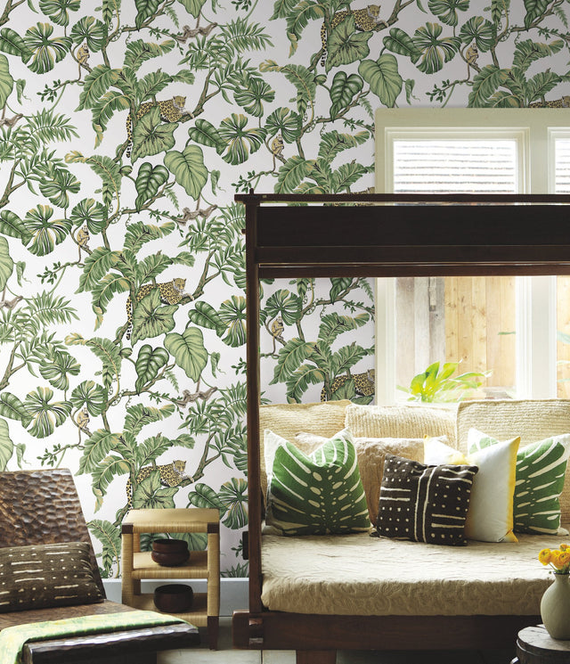 Jungle Cat White Wallpaper with Tropical Animal Motif - York HO2145