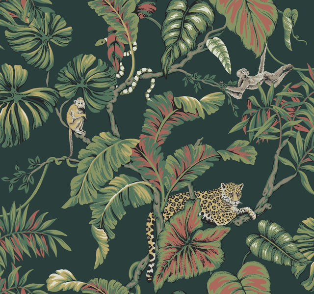 Jungle Cat Dark Green Wallpaper with Tropical Jaguars & Monkeys Motif - York HO2146