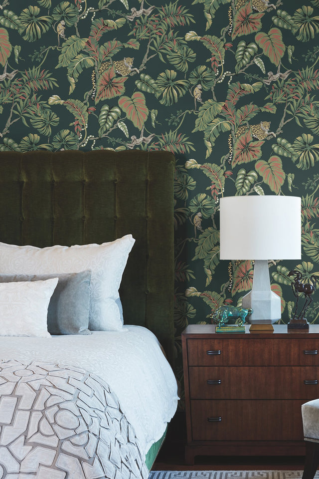 Jungle Cat Dark Green Wallpaper with Tropical Jaguars & Monkeys Motif - York HO2146