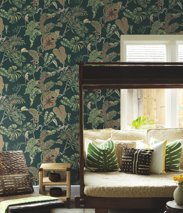 Jungle Cat Dark Green Wallpaper with Tropical Jaguars & Monkeys Motif - York HO2146