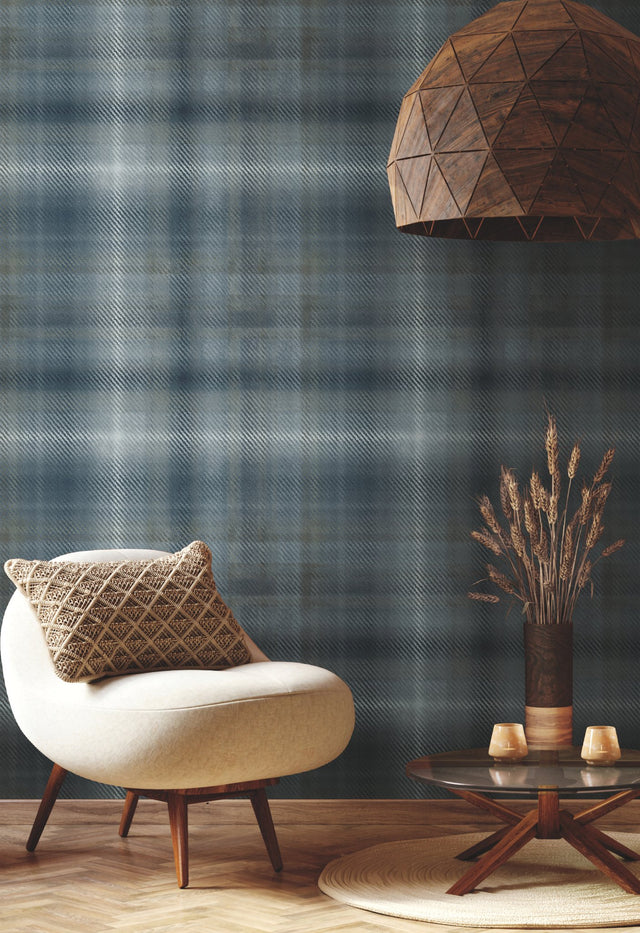 Sterling Plaid Blue Wallpaper with Oversized Woolen Plaid Motif - York HO2158