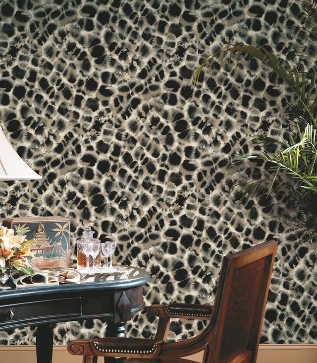 Leopard Rosettes Black Wallpaper with Watercolor Animal Print - York HO2162