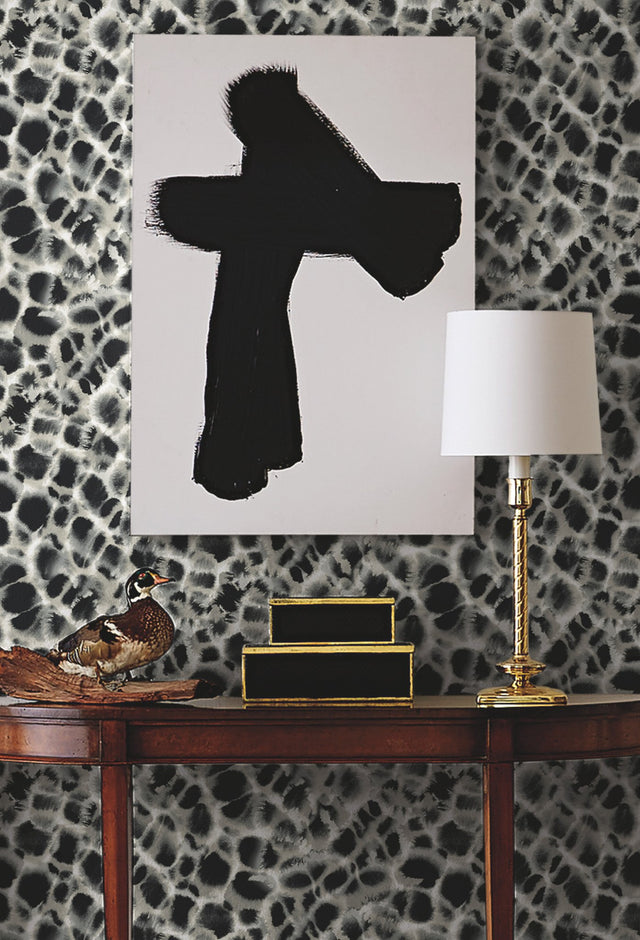 Leopard Rosettes Black & Off White Wallpaper with Watercolor Animal Print - York HO2164