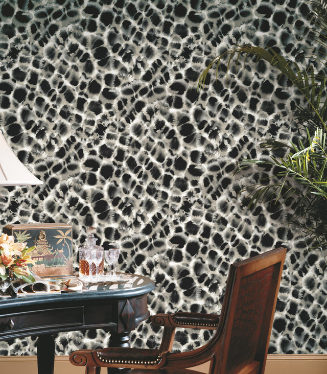 Leopard Rosettes Black & Off White Wallpaper with Watercolor Animal Print - York HO2164