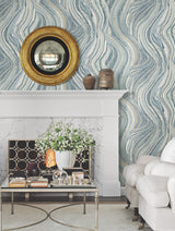 Streaming Cheetah Blue Wallpaper with Textured Animal Print and Marble Veining - York HO2173