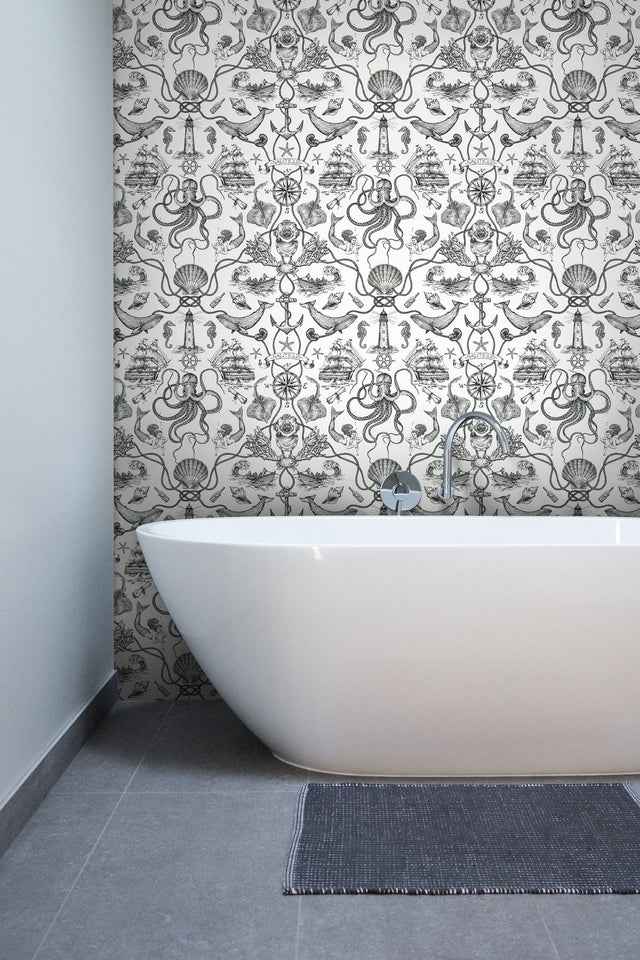 Deep Sea Toile Black Wallpaper with Nautical Mermaids, Ships & Octopus Motif - York HO3360