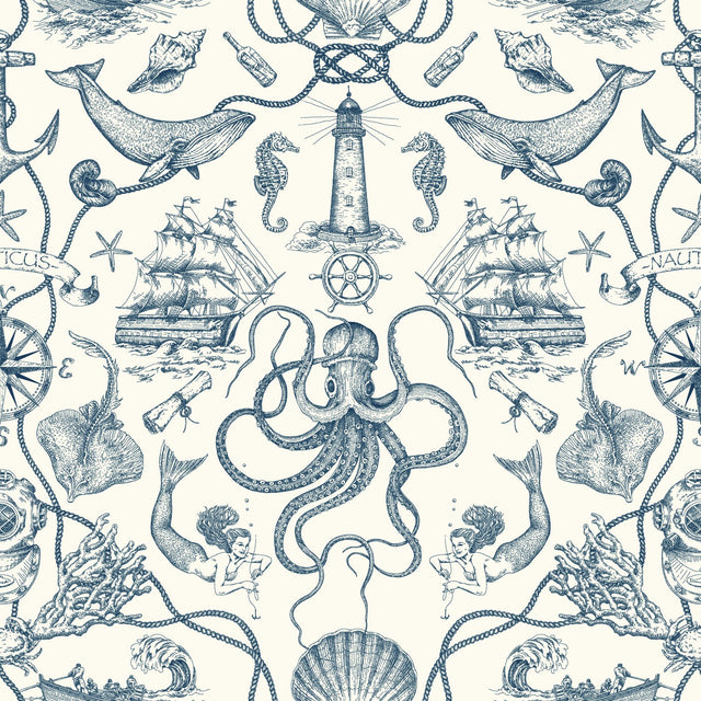 Deep Sea Toile Blue Wallpaper with Nautical Toile Motif, Prepasted Sure Strip, Straight Match - York HO3361