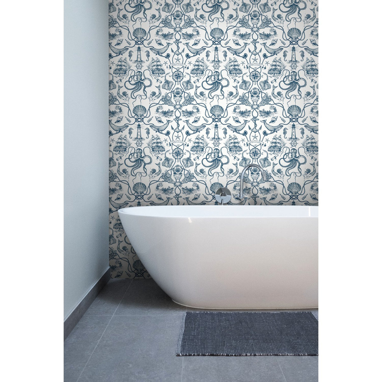 Deep Sea Toile Blue Wallpaper with Nautical Toile Motif, Prepasted Sure Strip, Straight Match - York HO3361