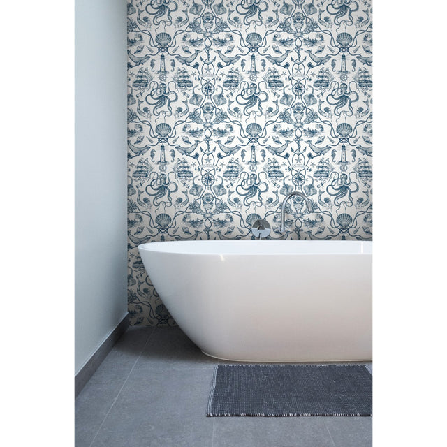 Deep Sea Toile Blue Wallpaper with Nautical Toile Motif, Prepasted Sure Strip, Straight Match - York HO3361