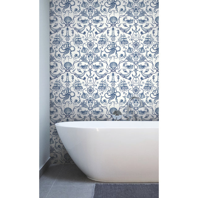 Deep Sea Toile Blue Wallpaper with Nautical Toile Motif, Prepasted Sure Strip, Straight Match - York HO3361