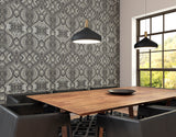 Ogee Black and Grey Bohemian Global Ornate Geometric Peel and Stick Non Woven Wallpaper by Hoopla Walls WallPops Collection - HWA1035PU
