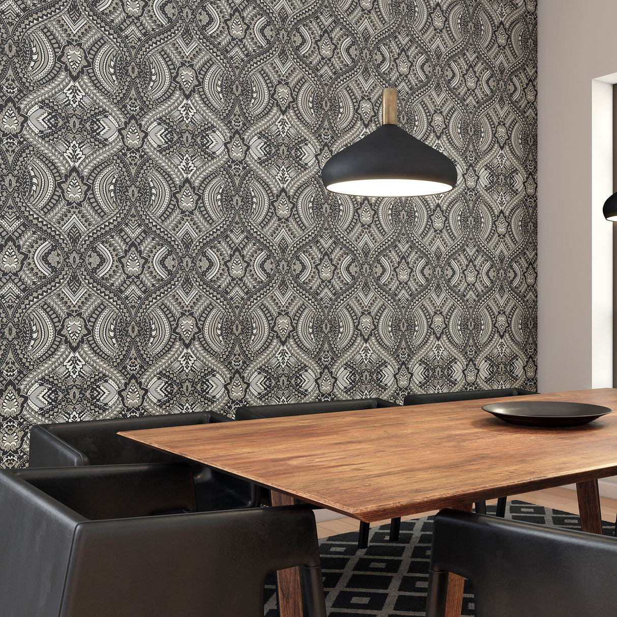 Ogee Black and Grey Bohemian Global Ornate Geometric Peel and Stick Non Woven Wallpaper by Hoopla Walls WallPops Collection - HWA1035PU