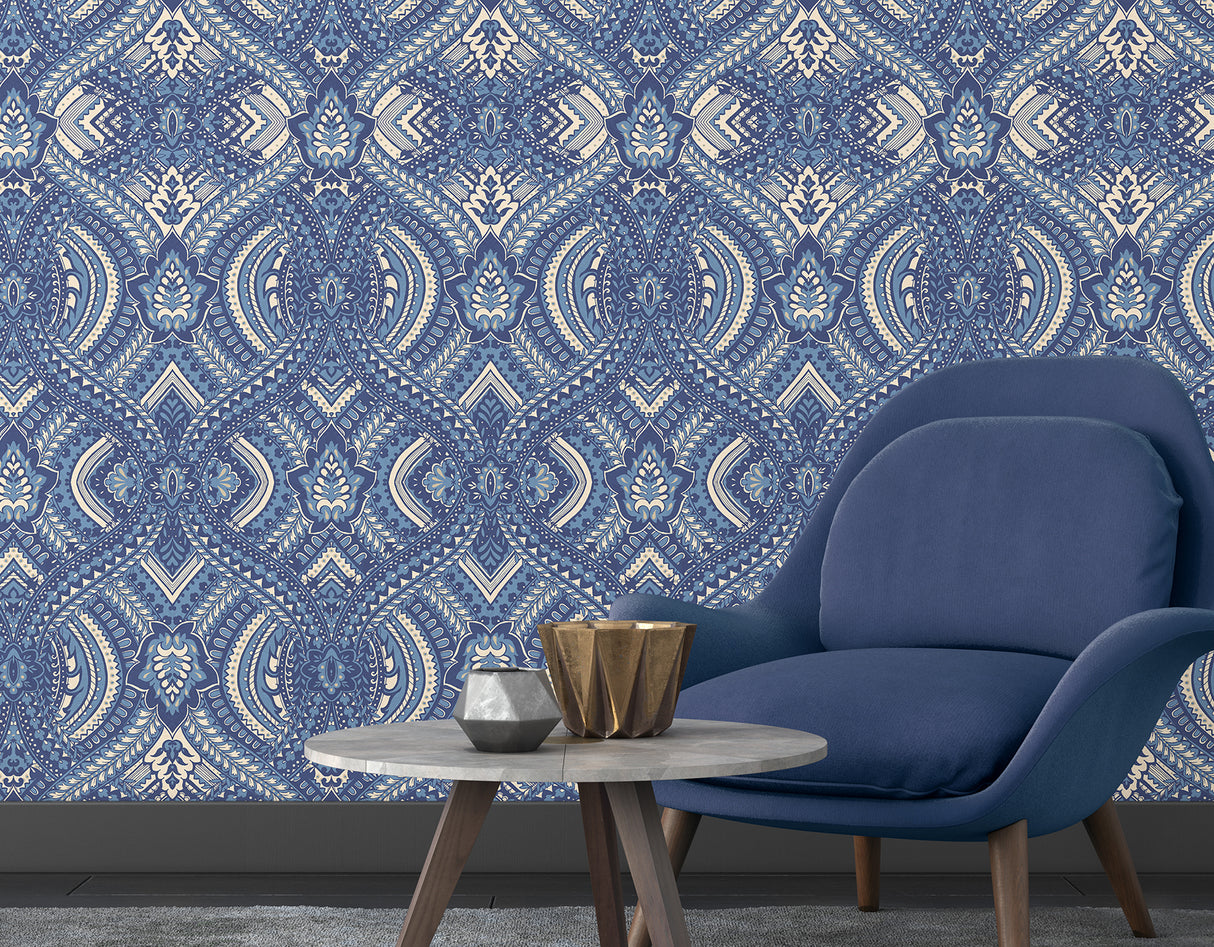 Ogee Navy Blue Geometric by Hoopla Walls Fully Removable Repositionable Peel and Stick Non Woven Wallpaper Roll 19.7 In x 18 Ft - HWA1036PU