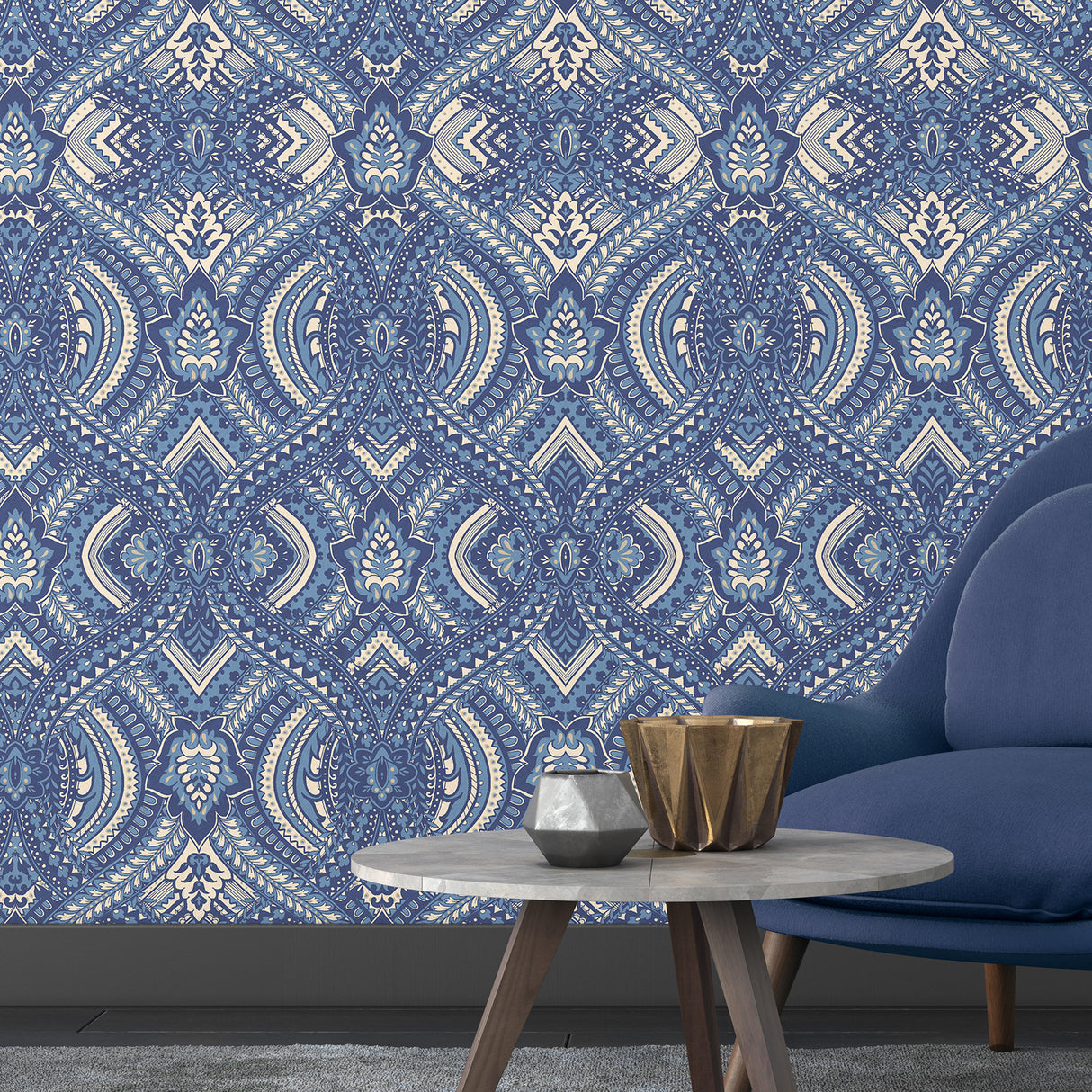 Ogee Navy Blue Geometric by Hoopla Walls Fully Removable Repositionable Peel and Stick Non Woven Wallpaper Roll 19.7 In x 18 Ft - HWA1036PU