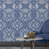Ogee Navy Blue Geometric by Hoopla Walls Fully Removable Repositionable Peel and Stick Non Woven Wallpaper Roll 19.7 In x 18 Ft - HWA1036PU