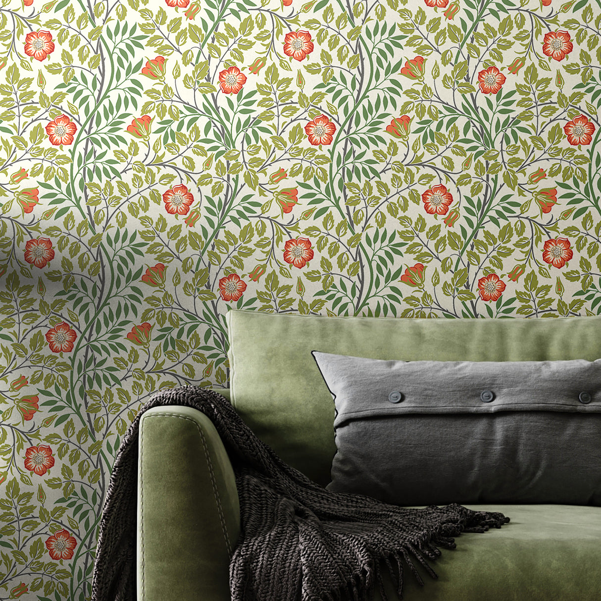 Rosehip Trail Coral Pink by Hoopla Walls Transitional Arts and Crafts Botanical Trailing Floral Vine Peel and Stick Wallpaper - HWA1098PU