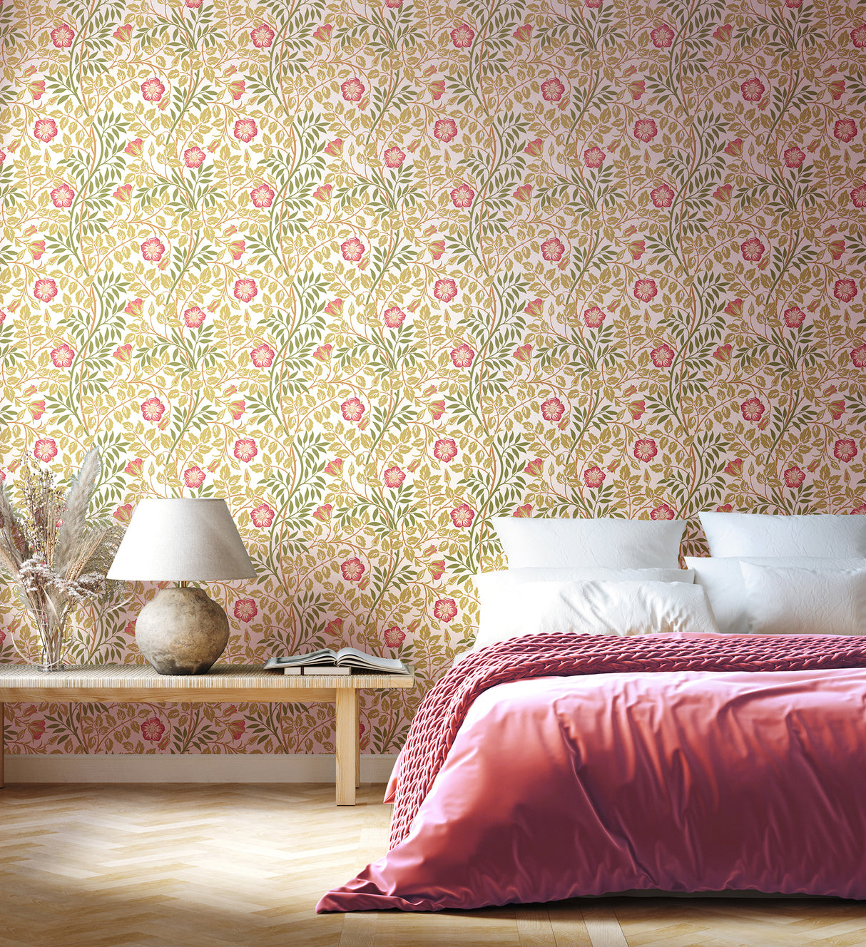Rosehip Trail Rose Pink by Hoopla Walls Arts and Crafts Style Peel and Stick Non Woven Botanical Floral Trailing Vines Wallpaper HWA1099PU