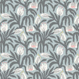 Chunky Flower Summer Shower Peel and Stick Wallpaper by Hoopla Walls featuring chunky grey and white botanical florals on a blue-grey background