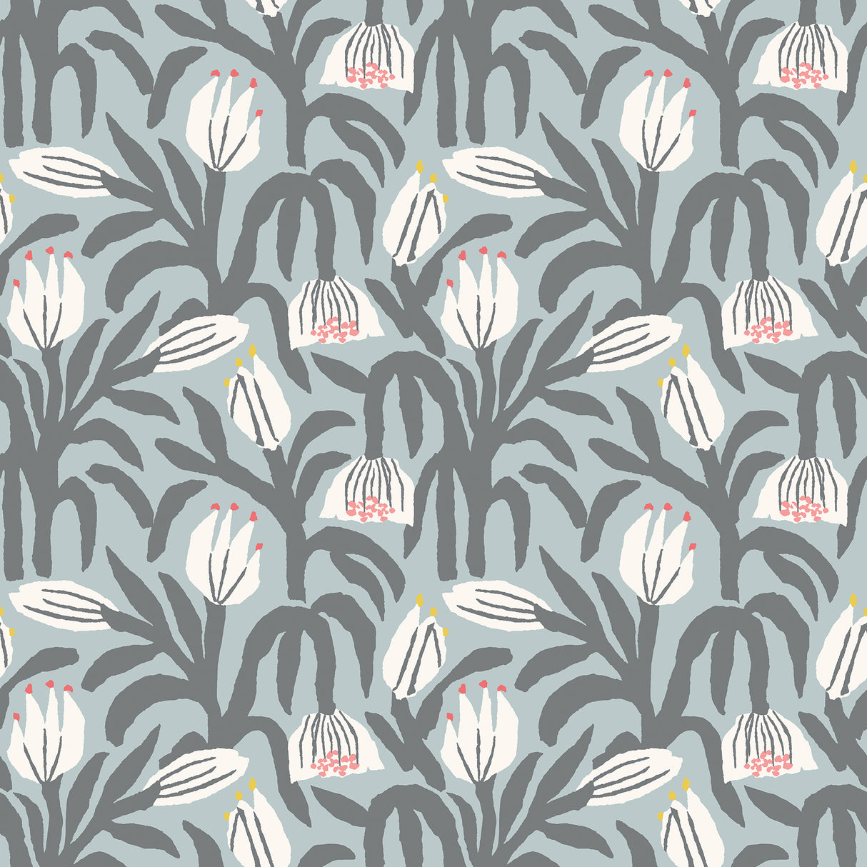 Chunky Flower Summer Shower Peel and Stick Wallpaper by Hoopla Walls featuring chunky grey and white botanical florals on a blue-grey background