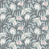 Chunky Flower Summer Shower Peel and Stick Wallpaper by Hoopla Walls featuring chunky grey and white botanical florals on a blue-grey background