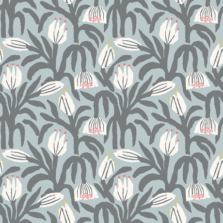 Chunky Flower Summer Shower Peel and Stick Wallpaper by Hoopla Walls featuring chunky grey and white botanical florals on a blue-grey background