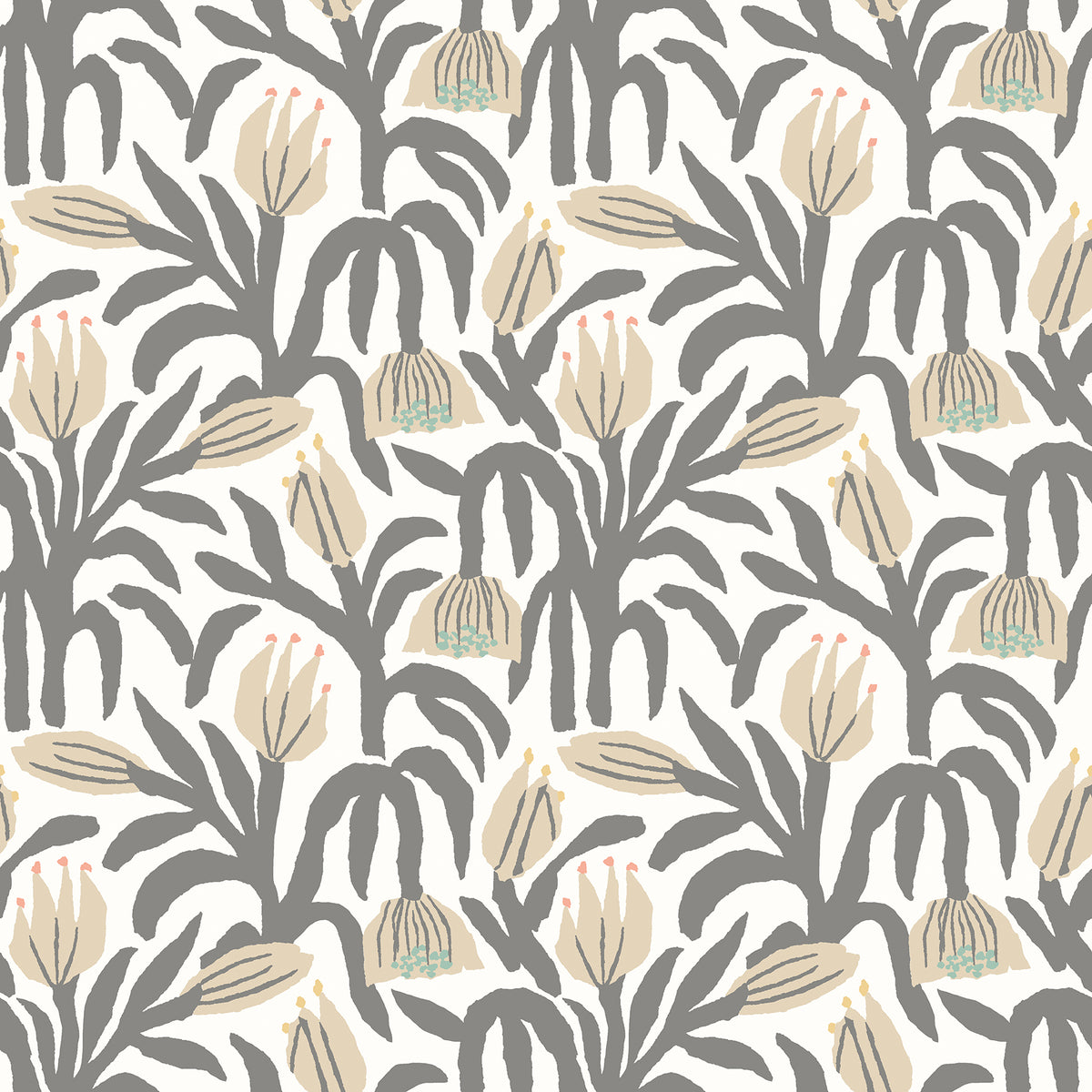 Chunky Flower Black & White Peel and Stick Wallpaper by Hoopla Walls featuring chunky grey botanical florals and taupe blooms on an off-white background - HWA1150PU