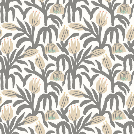 Chunky Flower Black & White Peel and Stick Wallpaper by Hoopla Walls featuring chunky grey botanical florals and taupe blooms on an off-white background - HWA1150PU