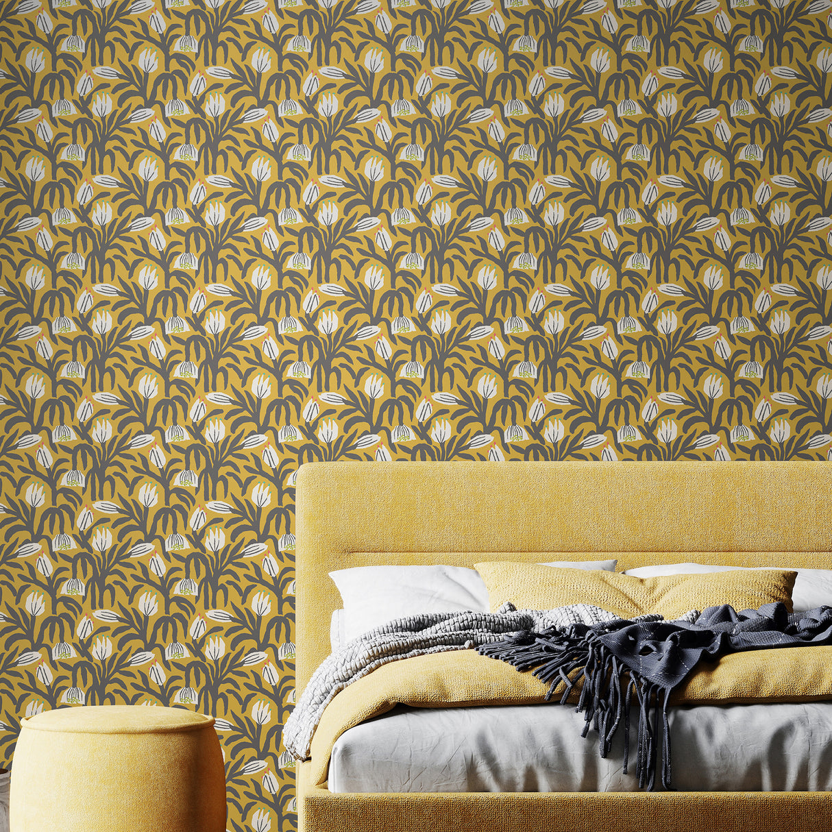 Chunky Flower Mustard by Hoopla Walls Modern Yellow and White Botanical Floral Fully Removable Peel and Stick Wallpaper Roll 29.6 sq ft - HWA1154PU