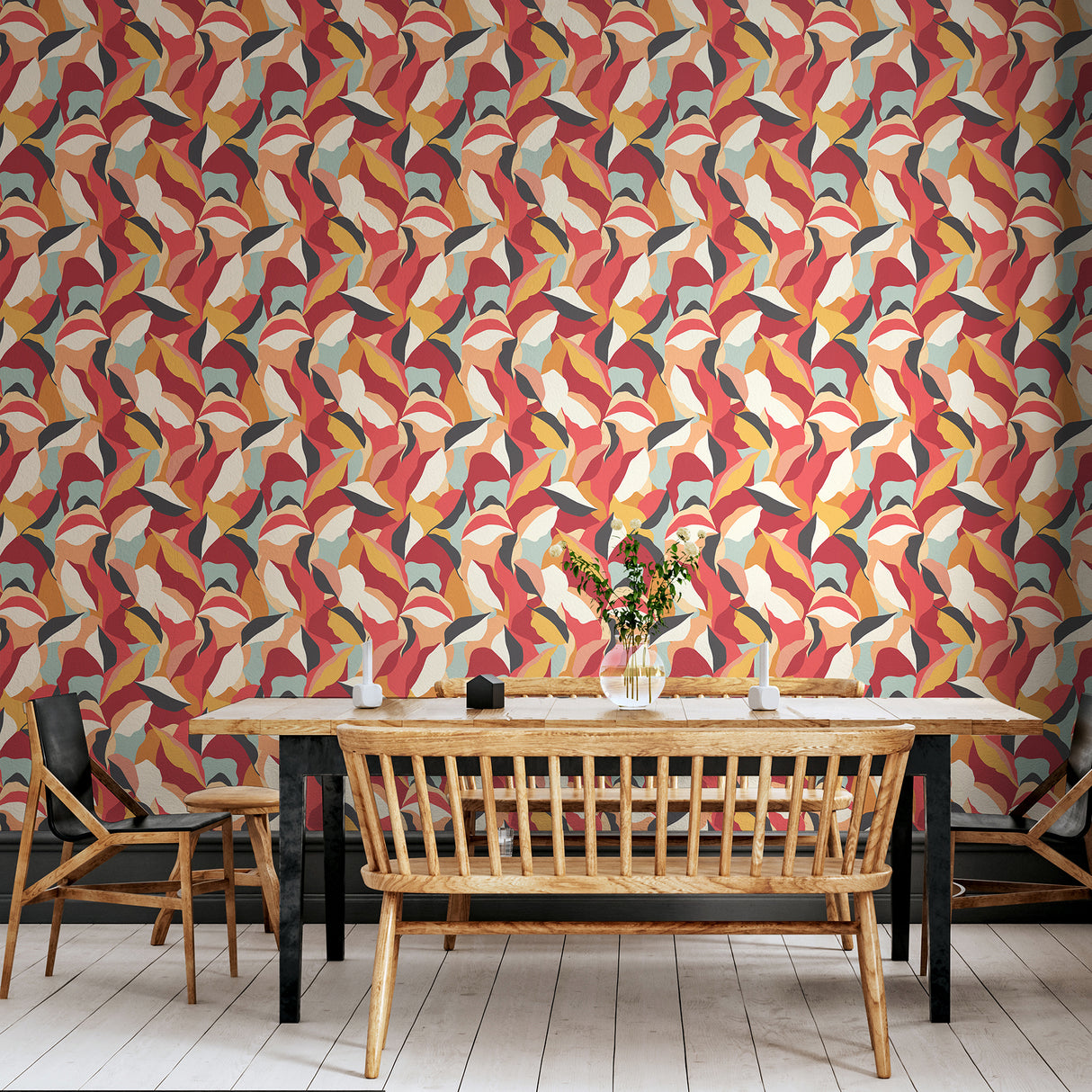 Leafy Patchwork Spice Mix by Hoopla Walls Modern Botanical Leaf Peel and Stick Wallpaper 19.7 In x 18 Ft Covers 29.6 Sq Ft - HWA1157PU