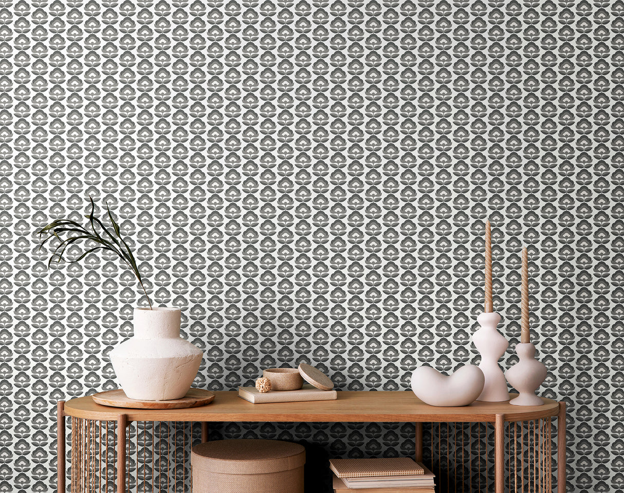 Retro Flower Chalkboard Grey and White Peel and Stick Wallpaper by Hoopla Walls Retro Botanical Floral Fully Removable Wallpaper - HWA1173PU