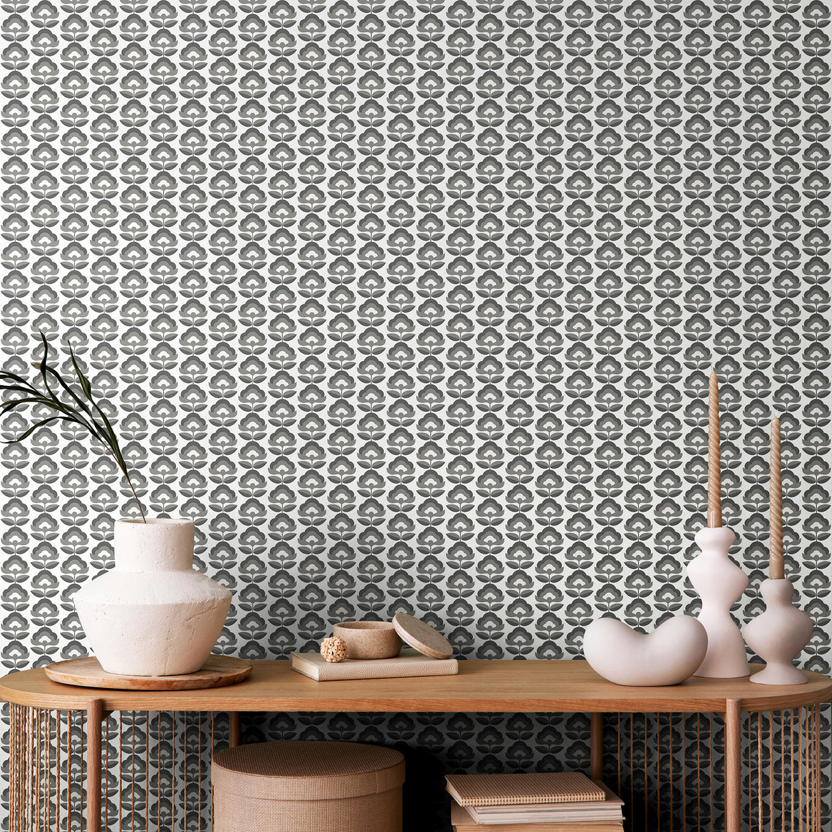 Retro Flower Chalkboard Grey and White Peel and Stick Wallpaper by Hoopla Walls Retro Botanical Floral Fully Removable Wallpaper - HWA1173PU