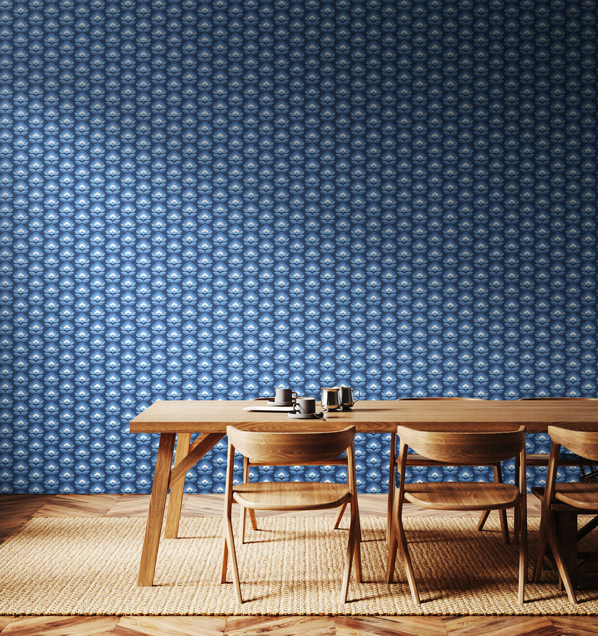 Retro Flower Indigo Mix by Hoopla Walls Blue Small Print Retro Botanical Floral Fully Removable Peel and Stick Wallpaper Roll HWA1175PU