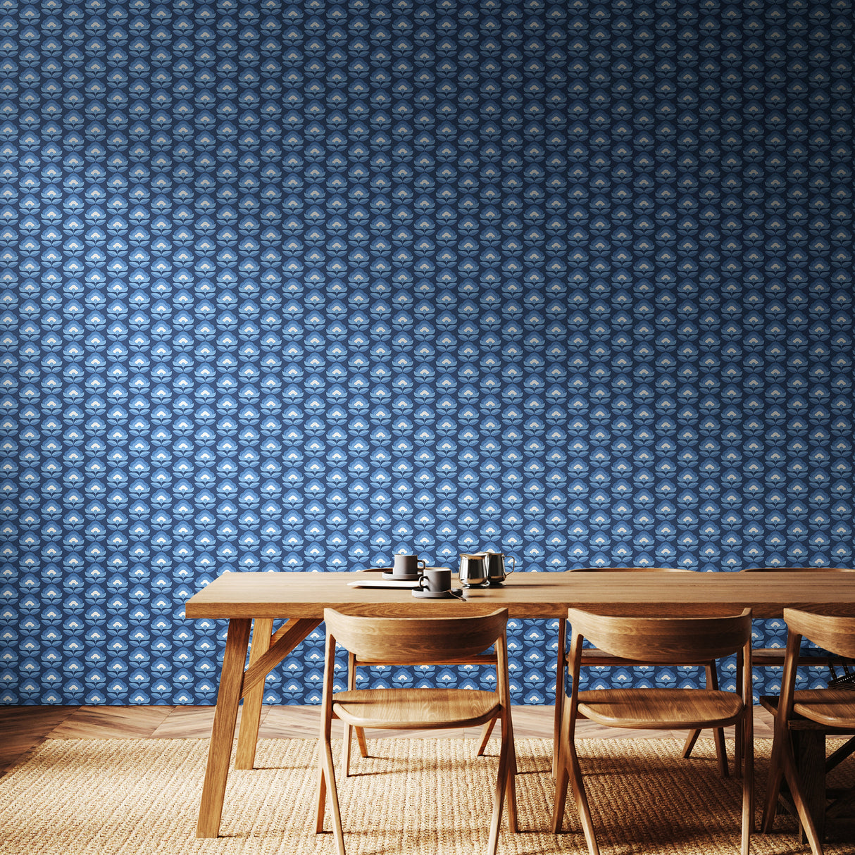 Retro Flower Indigo Mix by Hoopla Walls Blue Small Print Retro Botanical Floral Fully Removable Peel and Stick Wallpaper Roll HWA1175PU