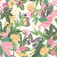 Paradise Flamingo Peel and Stick Wallpaper featuring colorful butterflies among lush pink and green tropical botanical foliage by Hoopla Walls