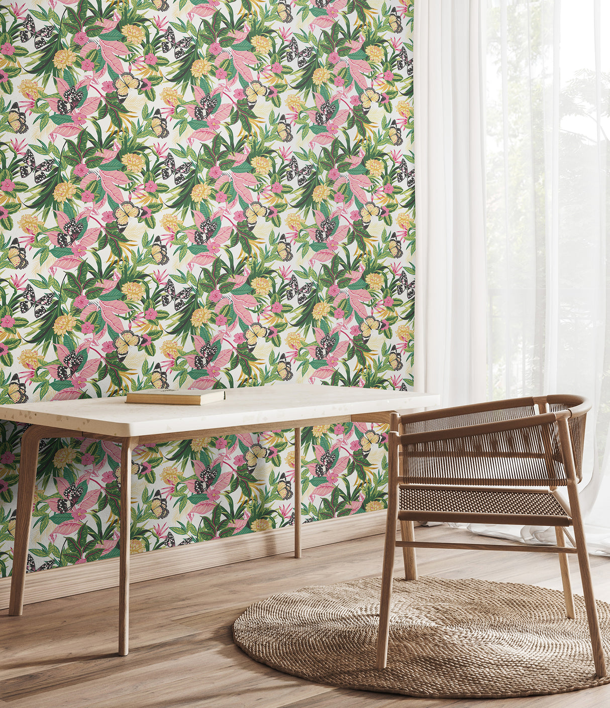 Paradise Flamingo Pink, White and Yellow by Hoopla Walls Tropical Butterfly Botanical Peel and Stick Wallpaper - HWA1191PU