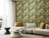 Paradise Forest Mix Peel and Stick Wallpaper Green Pink and Yellow Colorful Butterflies Tropical Botanical by Hoopla Walls WallPops - HWA1193PU
