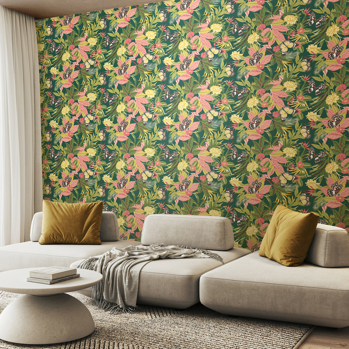 Paradise Forest Mix Peel and Stick Wallpaper Green Pink and Yellow Colorful Butterflies Tropical Botanical by Hoopla Walls WallPops - HWA1193PU